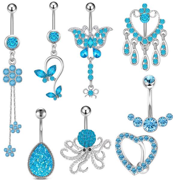 Nombril Bell Bouton Anneaux En Acier Inoxydable Bleu Cristal Poulpe Zircon Dangle Papillon Sexy Piercing Corps Bijoux Nombril Anneau pour les Femmes