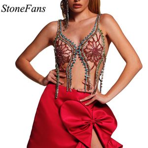 Navel Bell Button Rings Stonefans Carnaval Maskerade Kostuums Crystal Bikini Bra Rave Outfit Ondergoed Body Chain Harnas Ketting Sieraden 230703