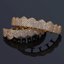 Anillos de botón de campana de ombligo Ajuste superior Color dorado plateado Iced Out Hip Hop Dientes Micro Pave Cubic Zircon Top Bottom Grills Set 230216