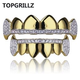 Anillos de botón de campana del ombligo TOP Gold Hip Hop Dientes Micro Pave Cubic Zircon Top Bottom Fangs Grills Set Holleween Regalo Hombres Mujeres 221109