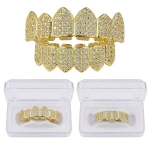 Navel Bell -knop Ringen Top hiphop tanden caps goud kleur vergulde luxe micro pave cz stenen bovenste bodem grills set schip van US 221109