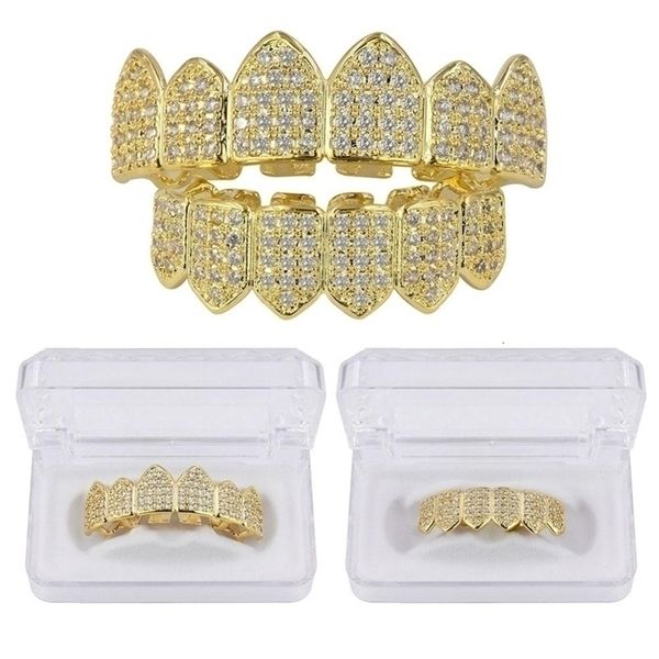 Anillos de botón de campana del ombligo TOP Hip Hop Dientes Caps Color dorado Chapado de lujo Micro Pave CZ Piedras Top Bottom Grills Set Ship from US 221109