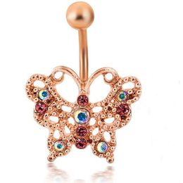 Navel Bell Button Rings Top Kwaliteit Dangle Belly Button Ring Rose Gold Bar Lichaam Sieraden Vlinder Navel Piercing Voor sexy Vrouwen Luxu Dh9Zu