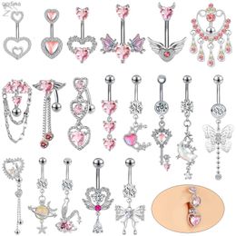 Navelbelknopringen ZS 1PC 14G Roze Kristallen Hanger Navelpiercing Voor Vrouwen Roestvrij Staal Navelpiercings Maan Hart Vlinder Buikring YQ240125