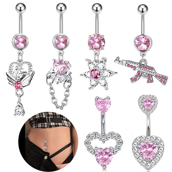 Nombril nombril anneaux pendantes femmes été rose cristal couleur Zircon étoile amour coeur pistolet chaîne en acier inoxydable Piercing corps bijoux 2023 nouveau