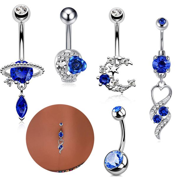 Nombril nombril anneaux pendantes femmes été bleu Zircon cristal planète lune boule acier inoxydable Piercing corps bijoux 2023 nouveau