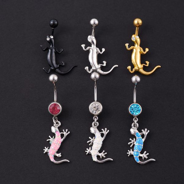 Nombril Nombril Anneaux Dangling Femmes D'été Gecko Vintage En Acier Inoxydable Piercing Corps Jewlery 2023 Nouveau Or Noir Blanc Couleur