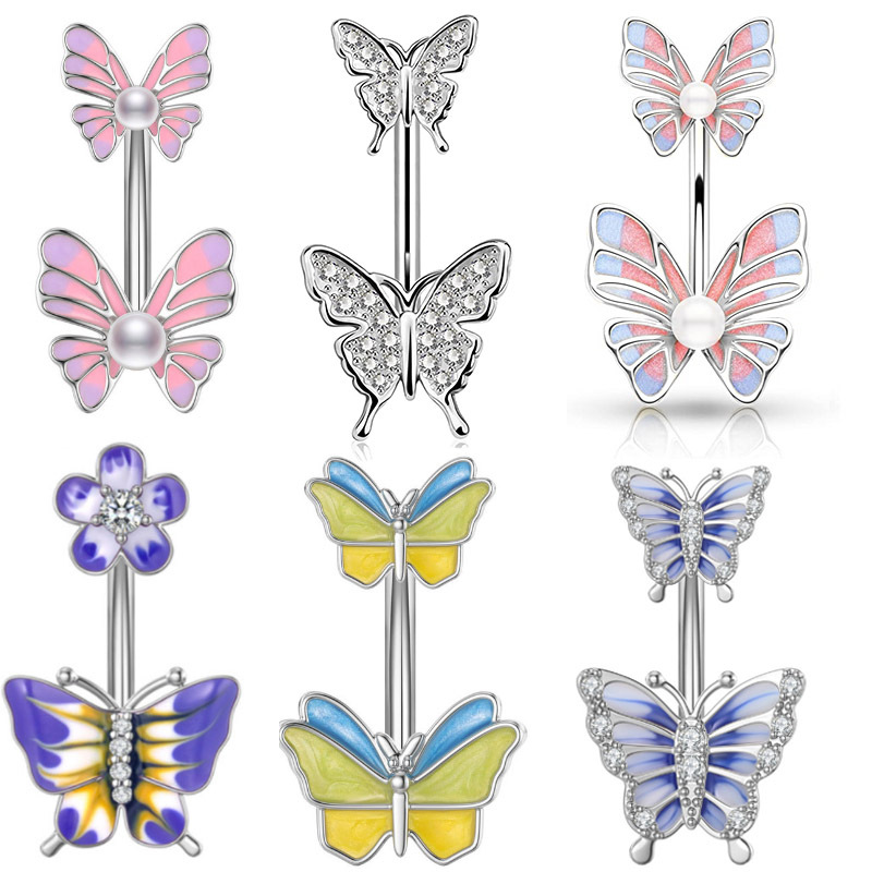 Anelli per ombelico all'ombelico Dangling Women Summer Butterfly Crystal Acciaio inossidabile Piercing Body Jewlery 2023 Nuovo