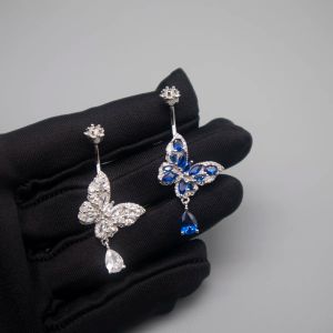 Piercing de nombril en argent pour femmes, anneaux de vrai nombril, décoration du corps, bijoux en Zircon blanc et bleu, papillon, cadeau fin