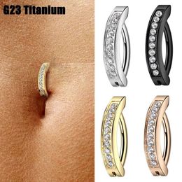 NAVEL -ringen 1PC Implantaat Grade G23 Titanium CZ Buff Button Ring Septum Ring Clicker Belly Clip Navel Ring gebogen barbell Piercing sieraden D240509