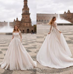 Naviano-vestidos elegantes De Nora, Vestido De novia De manga larga con cuello De joya, Apliques De encaje, vestidos De novia, Vestido De campo De Marie