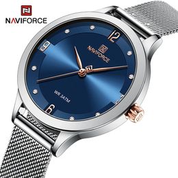 NAVIFORCE Relojes de moda para mujer Reloj femenino de cuarzo de alta calidad Malla de acero inoxidable Astilla Azul Pulsera impermeable para mujer 240328