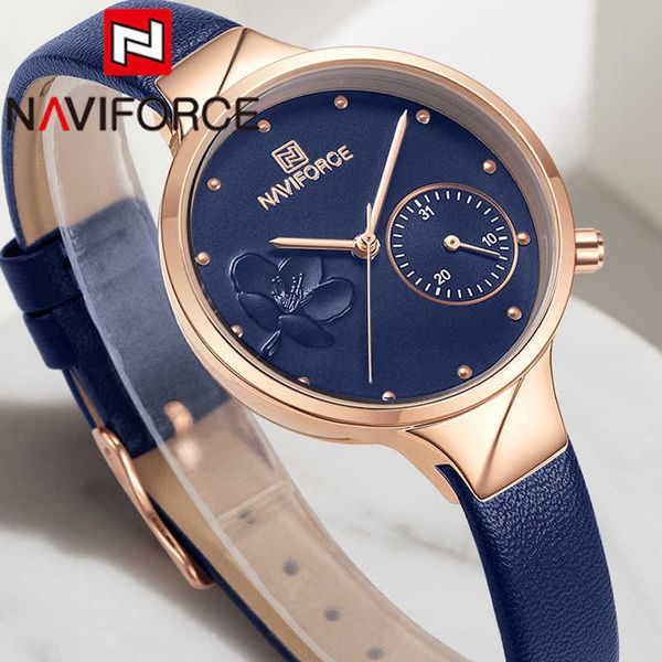 NAVIFORCE Mode Femmes Montre Top Marque De Luxe Bleu Or Dames Montre-Bracelet En Cuir Véritable Bracelet Classique Femme Horloge 5001 210616