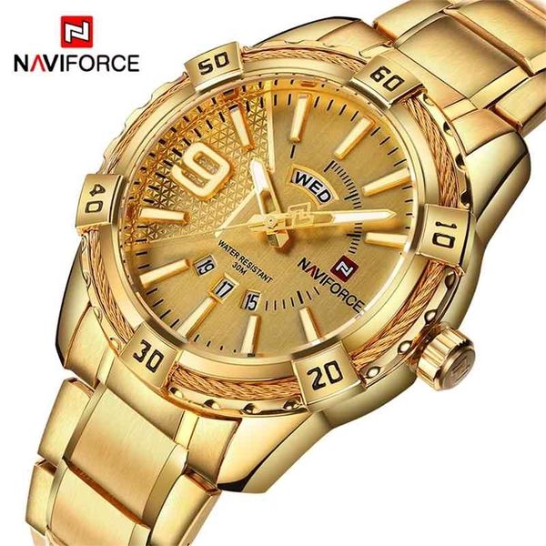 NAVIFORCE Marque De Luxe Hommes Mode Or Montres Hommes En Acier Inoxydable Quartz Horloge Mâle Sport Montre Étanche Relogio Masculino 210517