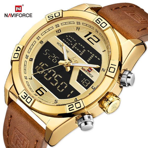 NAVIFORCE, relojes dorados de lujo para hombre, correa de cuero, resistente al agua, alarma Digital, reloj de pulsera deportivo para hombre, reloj militar de cuarzo de doble horario X0625