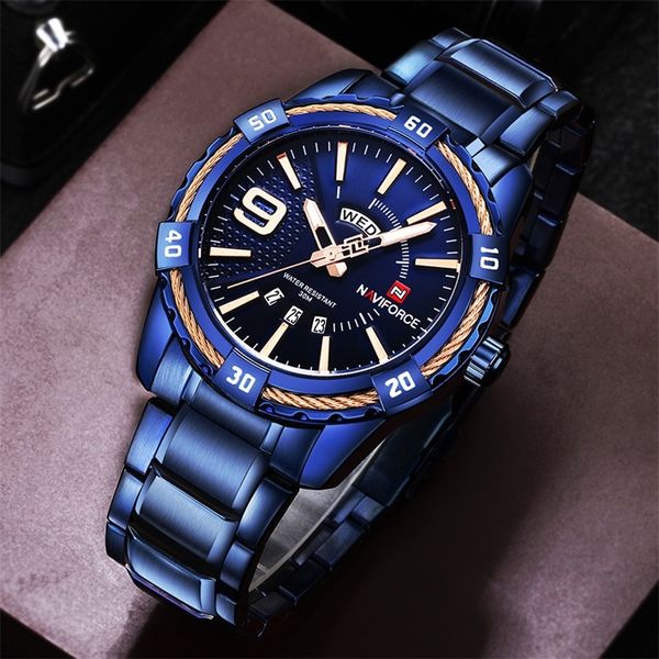 NAVIFORCE Reloj para hombre Dial azul Acero inoxidable Resistente al agua Relojes para hombre Negocios de lujo Analógico Cuarzo Relojes para hombre Moda T200113