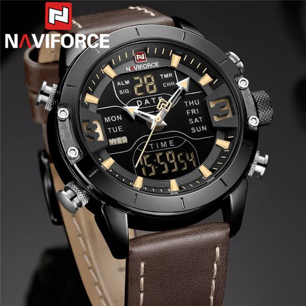 Naviforce Hommes Watch Top Sports Montre-Bracelet à LED Analogique Quartz Numérique Holle Horloge Imperméable Relogio Masculino 9153