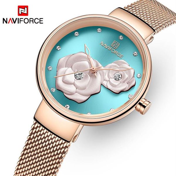 NAVIFORCE nouvelles montres pour femmes haut de gamme belle fleur Quartz femme montre-bracelet en acier inoxydable maille étanche fille Clock242A