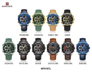NAVIFORCE TOP Brand Luxury Gold Men Watch Quartz Digital Male Horloge Military Sport vert Great Leather Man Wristwatch 9197