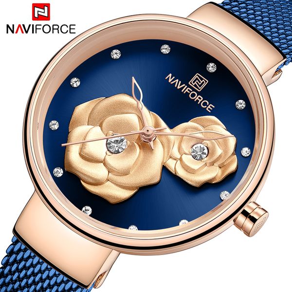 NAVIFORCE Relojes de pulsera para mujer Cristal de lujo Elegante Esfera de doble flor Pulsera para mujer Reloj de cuarzo Reloj de pulsera de moda 201114