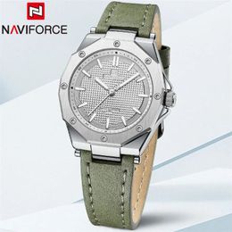 NAVIFORCE, reloj para mujer, marca superior, reloj de pulsera clásico de lujo para mujer, pulsera de moda de cuero genuino verde, reloj femenino 5026 240323