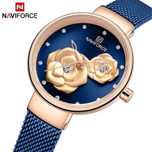 Naviforce Dameshorloge Topmerk Rose Gold Blue Quartz Dames Horloges Steel Mesh Waterproof Horloge Voor Meisje Relogio Feminino 201218