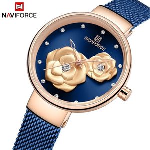 NAVIFORCE Dameshorloge Topmerk Rose Goud Blauw Quartz Dameshorloges Stalen gaas Waterdicht horloge voor meisje Relogio Feminino 20287S