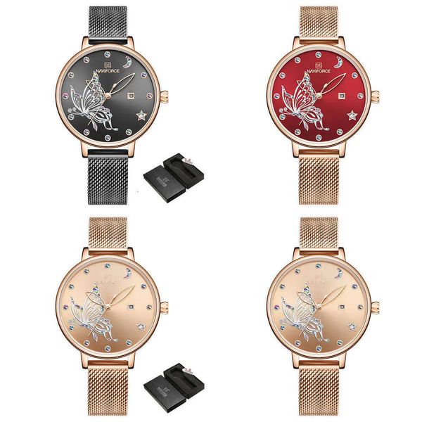 Naviforce Women Watches Brand Butterfly Watch Fashion Quartz Ladies Mesh de acero inoxidable Regalo impermeable RELOJ MUJE V289E