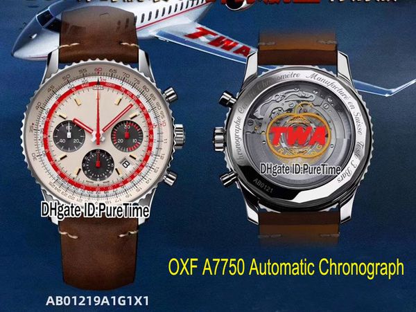 2021 OXF B01 ETA A7750 Cronógrafo automático Reloj para hombre AB01219A1G1X1 Caja de acero Editioin TWA Esfera negra blanca Correa de cuero marrón Puretime b2