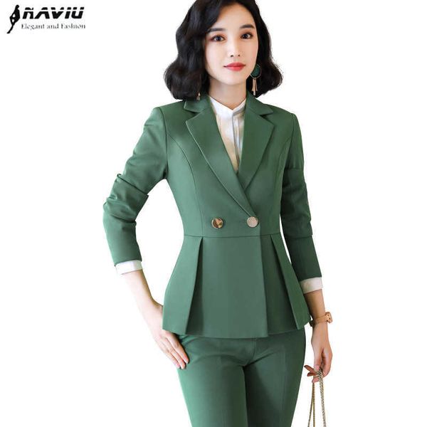 Naviu Arrivée Haute Qualité Femmes Deux Pièces Ensemble Pantalon Costume Bureau Dame Travail Formel Porter Des Vêtements D'hiver 210604