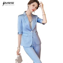 Naviu elegante en mode vrouwen half mouw broek pak voor kantoor dame zomer twee stukken set blazer broek uniform 210604