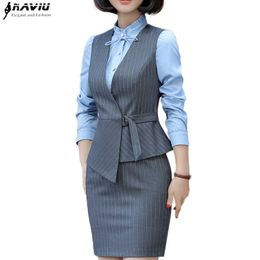 Naviu mode et élégant femmes jupe gilet costume été court travail porter deux pièces ensemble bureau dames formelle rayure vêtements 210604