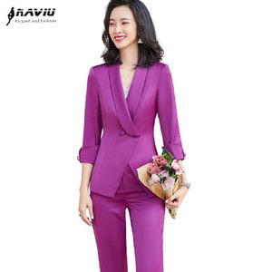 Naviu Fashion Pantalon violet Costumes Blazer élégant et pantalon Deux pièces Ensemble de travail formel Office Lady Uniforme 210604