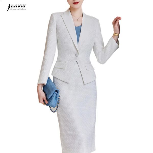 Naviu haut de gamme blanc costume formel femmes mode mince affaires laine Blazer et jupe ensembles bureau dames vêtements de travail noir 240202