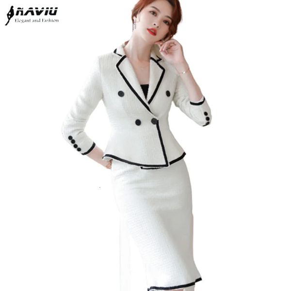 Naviu haut de gamme costume formel femmes mode mince affaires à manches longues en laine Blazer et jupe bureau dames vêtements de travail 240226