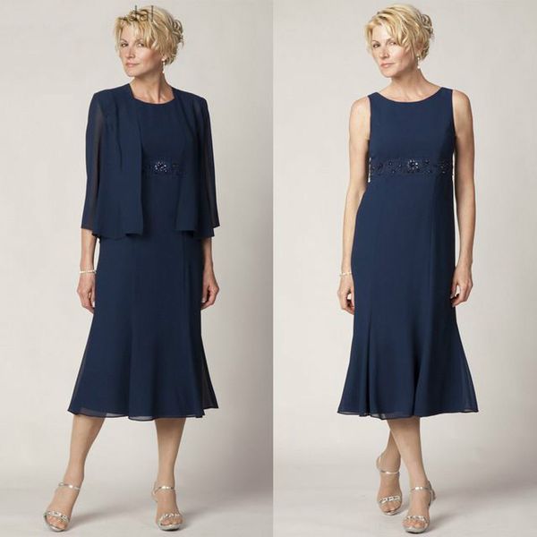 Azul marino, 2 piezas, faldas para madre de la novia con chaqueta, elegante longitud de té, gasa, país, invitado de boda, con cuentas, cintura imperio, novio, vestido de madre