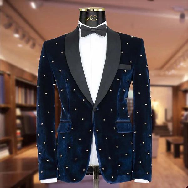 Esmoquin de boda de terciopelo con cuentas azul marino, trajes para hombre con diamantes de imitación, conjuntos de 2 piezas, Blazers con solapa, traje formal con un botón con chaqueta y pantalones