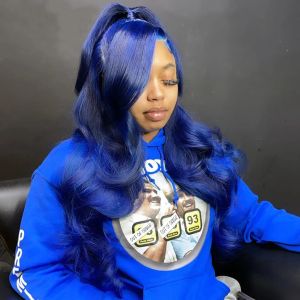 Marineblauw 13X4 Body Wave Lijmloos Gekleurd Kanten Voorkant Pruiken van echt haar voor vrouwen HD Transparant Volledige Kant Frontale Pruik Synthetisch Voorgeplukt