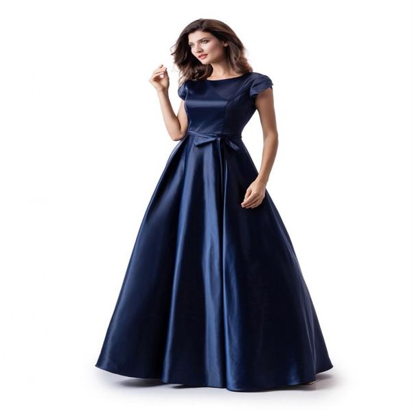 Bleu marine A-ligne longue robe de bal modeste avec mancherons Simple bijou cou étage longueur adolescents robe de soirée formelle Modest233c