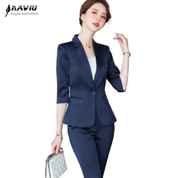 Bleu marine acétate costume été tempérament affaires formel demi manches Slim Blazer et pantalon bureau dames vêtements de travail 210604