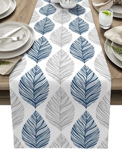 Chemin de Table en lin à Texture de feuille bleu marine et gris, décorations de mariage, feuilles d'art abstraites, décor de fête à manger, 240325