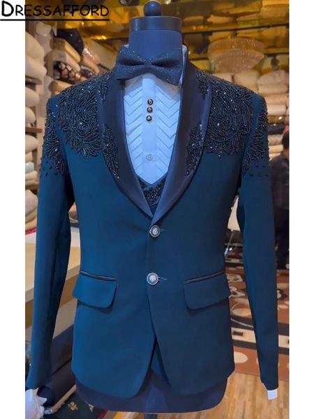 Navy Blue perle trois pièces Men Suits avec des appliques à paillettes noires Blazer (veste + gilet + pantalon)