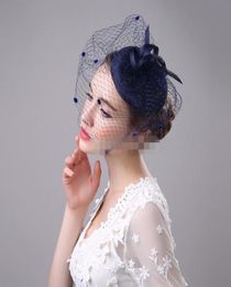 Azul marino azul beige birdcage net boda fascinador nupcial de la cara del velo de plumas con horquilla 4 colores9220695