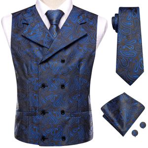 Navy Blue Black Mens Vest Silk Silk Paisley Jacquard WAINCOAT Veste Nettoyage Hanky Cuffinks for Men Business Party HITIE 240507