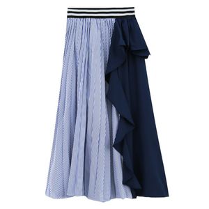 Bleu marine noir rayé plissé Patchwork volants taille élastique Maxi jupe A-ligne Empire décontracté S0251 210514