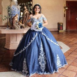 Marineblauw Bling Tule Quinceanera Prom Baljurken Koude Schouder Ivory Kant Bloemen Applique Beaded Laace-Up Sweet 16 Jurk Plus Size Formal