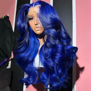 Navy Blue Brésilien Body Wave Sumlation Perruques de cheveux humains colorés bleu 360 HD Pernes avant en dentelle transparente pour femmes pré-cueillies