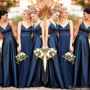 Vestidos de dama de honor azul marino Una línea Correas espaguetis Satén Hasta el suelo Vestido de dama de honor Invitado a la boda en la playa Ropa formal Tamaño personalizado