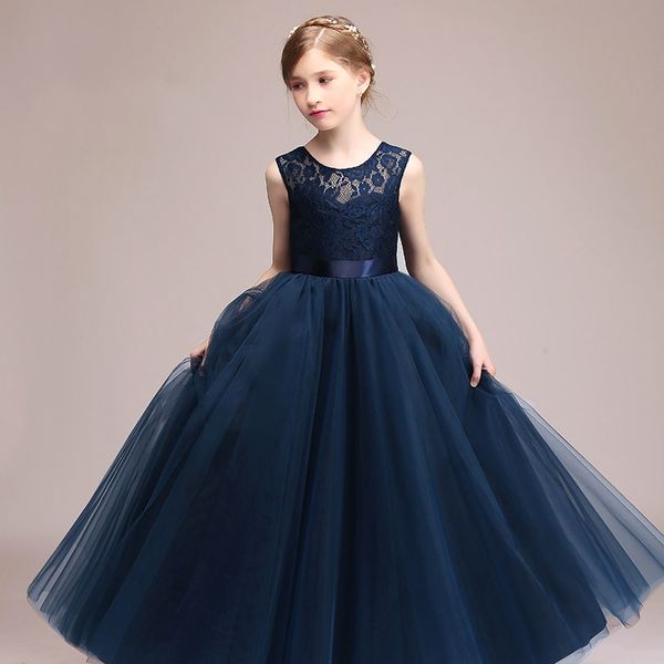 Vestidos de niña de flores baratos azul marino 2018 En stock Princesa A Line Sin mangas Niños Vestido de primera comunión para niños pequeños con marco