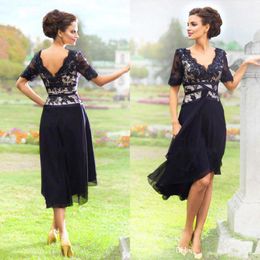 Navy Blue Chiffon Lace Knie-Length Mother of the Bride Dresses 2023 Summer Beach Wedding Party Jurk Half Sleeve Plus Maat Grootte goedkope jurk 277S